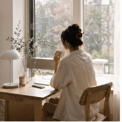 Woman sitting by a window holding a warm cup, soft natural light, calm morning atmosphere