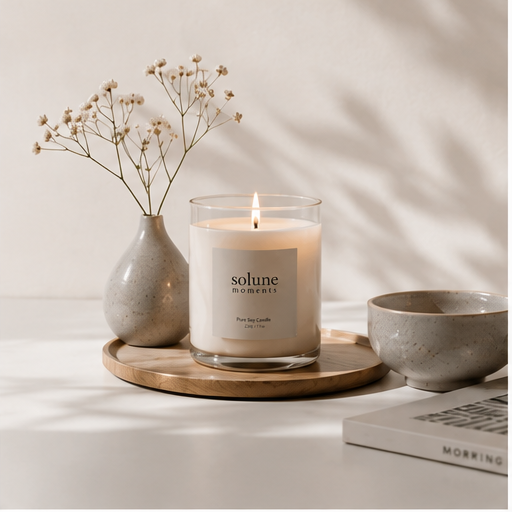 Lit candle with dried flowers and ceramic bowl on wooden tray, warm ambient light
