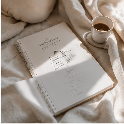 Open journal and coffee cup on a soft blanket, quiet morning reflection