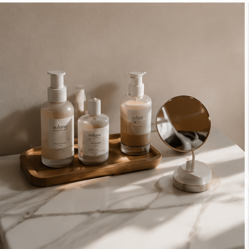 Natural skincare bottles arranged on a wooden tray, gentle self-care routine