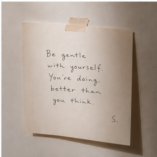 Handwritten note taped to a wall with soft shadow, a personal reminder of presence